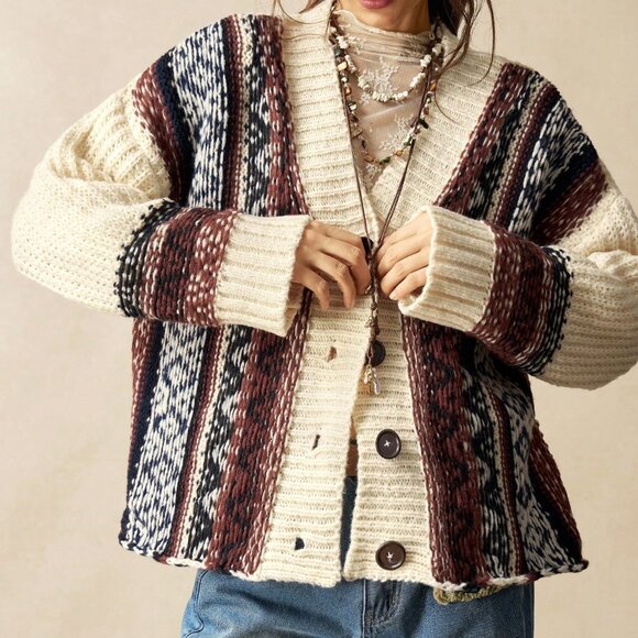 Apricot Boho Style Women's Geometric Striped Knitted Cardigan - Picture 2 of 6